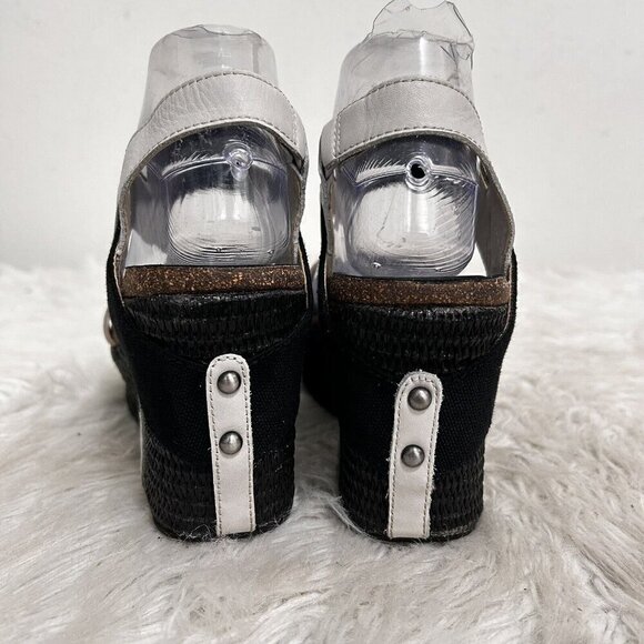 OTBT Bushnell Black White Leather Ankle Strap Textile Platform Wedge Sandal 9.5M - Picture 7 of 10
